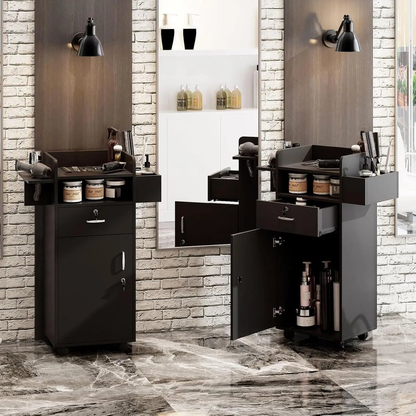 Station,Versatile Salon Stations for Hair Stylists with Locking Drawers and 3 Tool Holsters Spa Storage Trolley Cart for Home Sa
