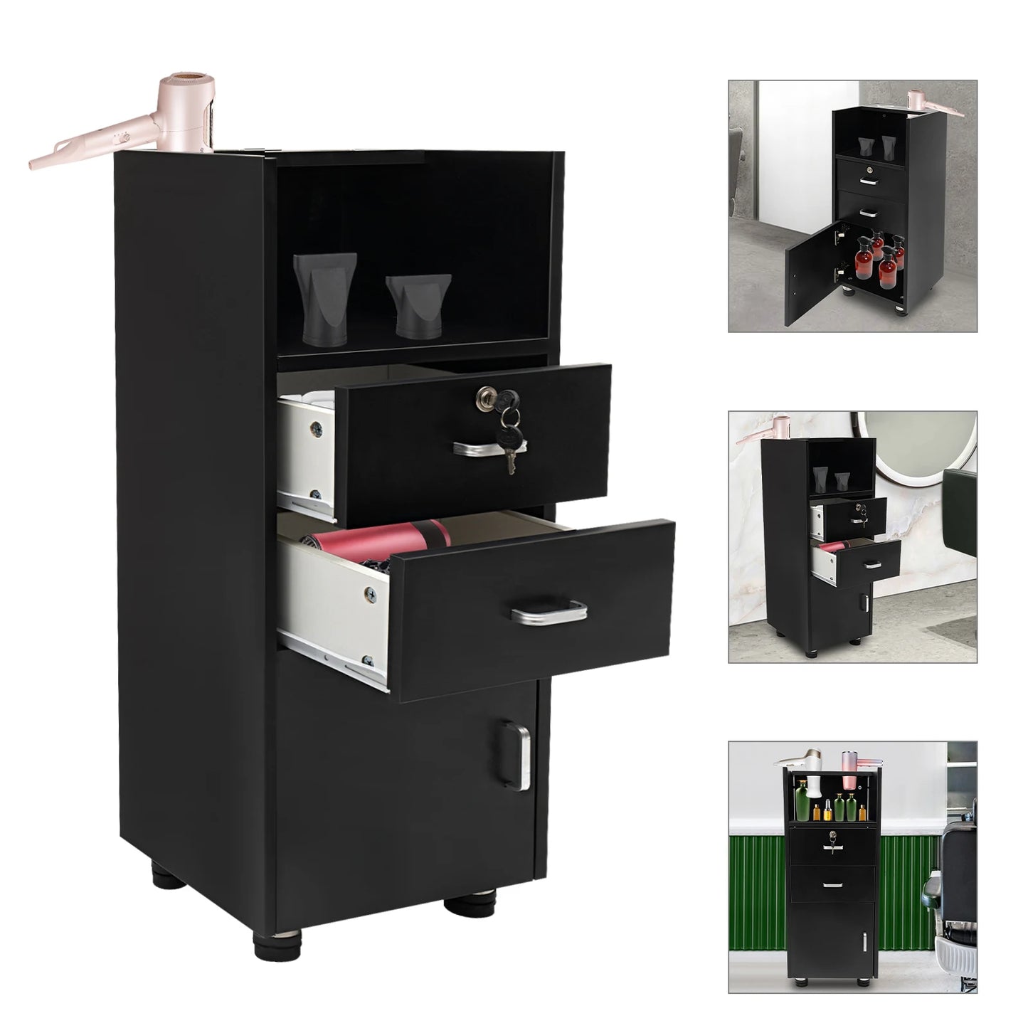 Barber Station Storage Cabinet with Drawers and Wheels Salon Equipment Organizer 2 Hair Dryer Holders