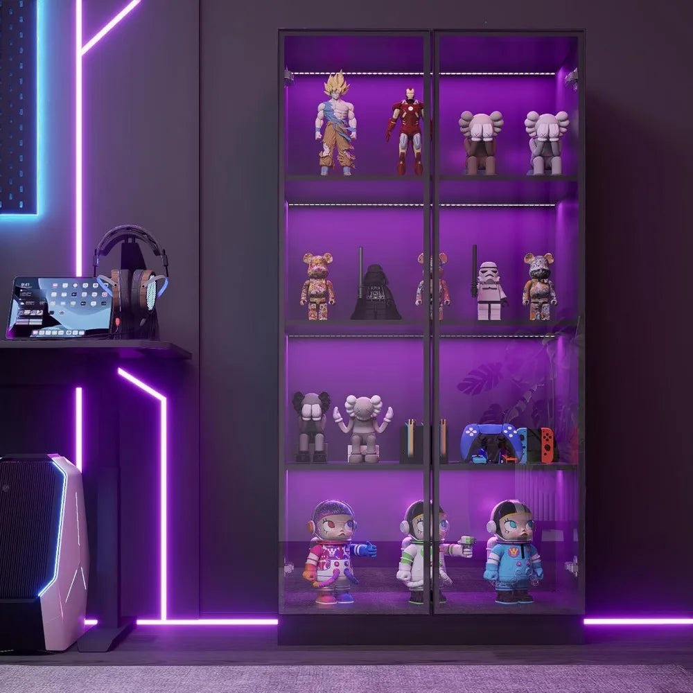 Display Cabinet with LED Lights, Glass Display Case Cabinet with 4-Tier Shelves, Curio Cabinet with 2 Glass Doors