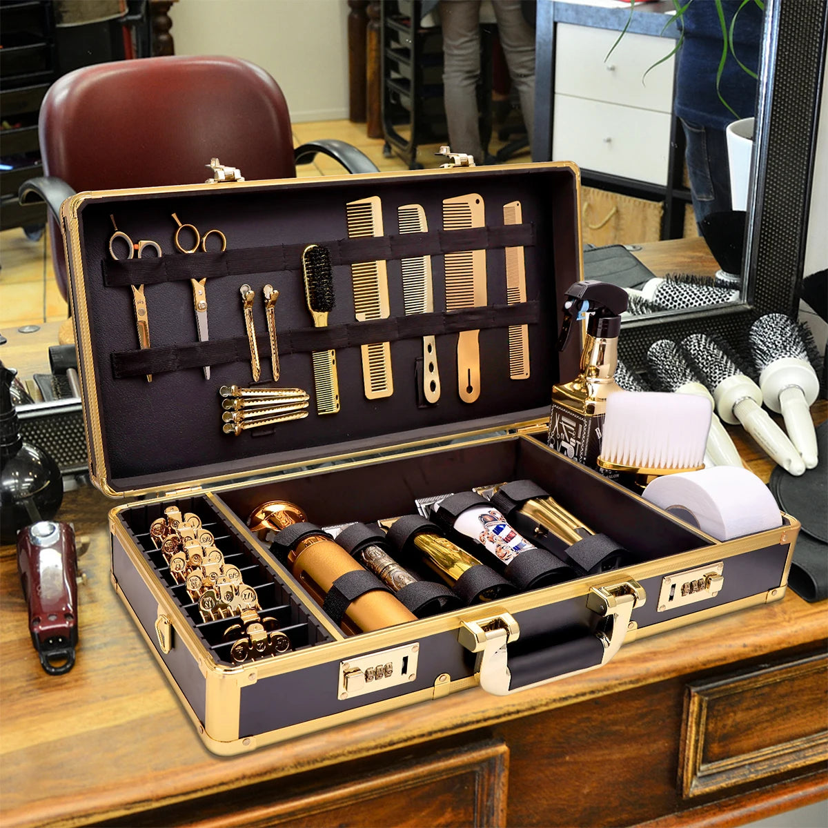 Golden Aluminum Suitcase Barbershop Haircut Tools Box Portable High-capacity Clip Outdoor Storage Case Hairdresser Makeup Tool