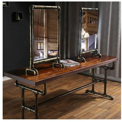 Retro-style iron barber shop mirror table industrial hair salon solid wood double-sided haircut mirror table creative hairdressi