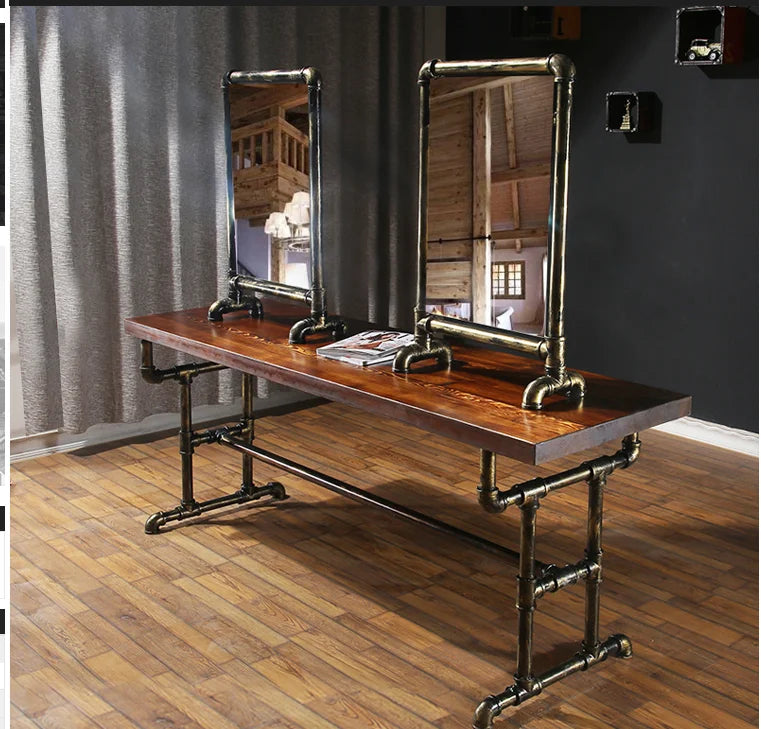 Retro-style iron barber shop mirror table industrial hair salon solid wood double-sided haircut mirror table creative hairdressi