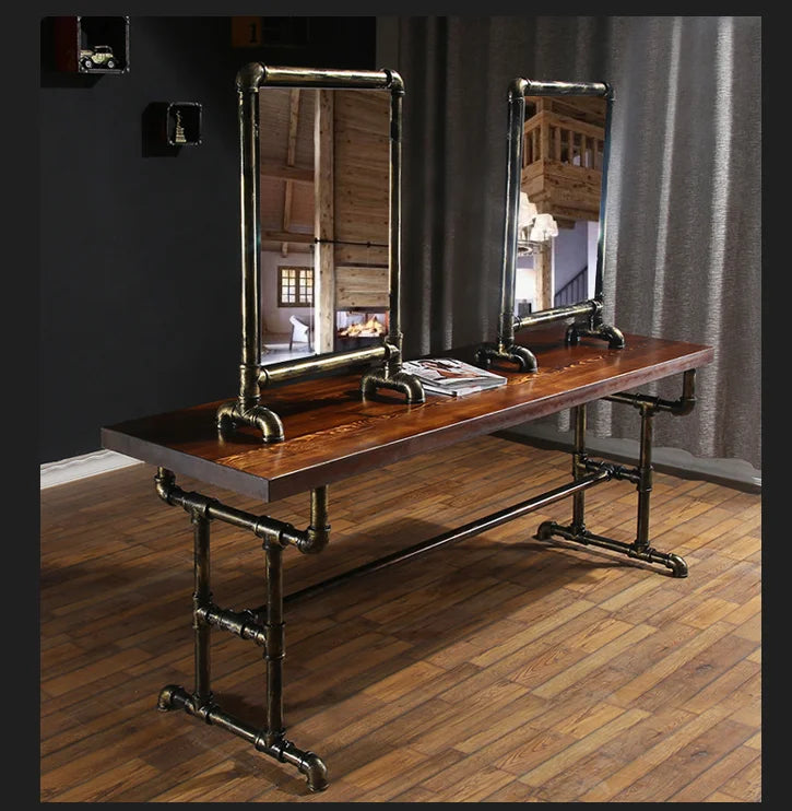 Retro-style iron barber shop mirror table industrial hair salon solid wood double-sided haircut mirror table creative hairdressi