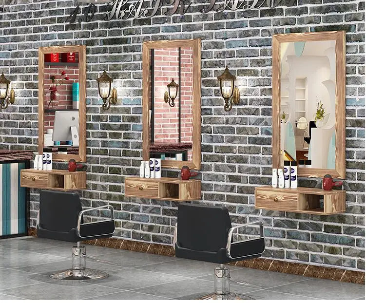 Real wood retro barber shop mirror barber shop wall hanging cosmetics one-sided frame balcony floor tool cabinet