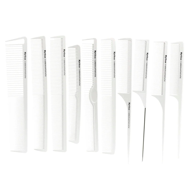 10 Pcs Set Professional Hairdressing Tail Comb In White Color, Barber Hair Cutting Carbon Comb T-11 Anti Static Hairstyling