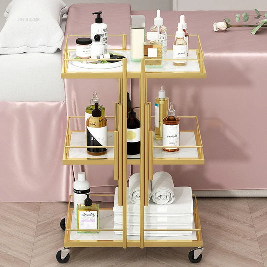 Modern Beauty Salon Golden Iron Salon Trolleys American Professional Tool Trolley Auxiliary Cart with Wheels for Salon New