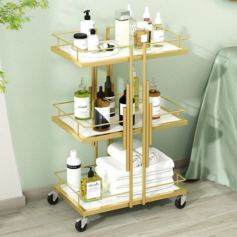 Modern Beauty Salon Golden Iron Salon Trolleys American Professional Tool Trolley Auxiliary Cart with Wheels for Salon New