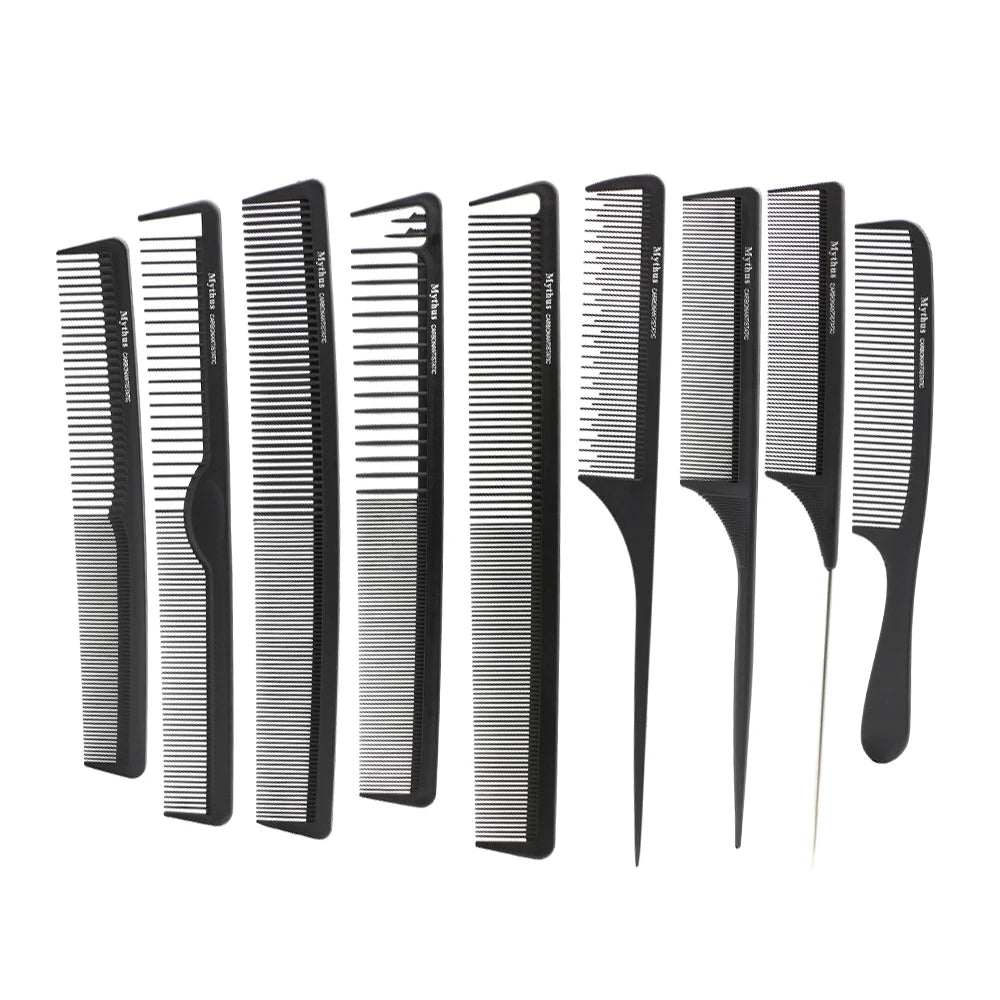 Carbon Hair Comb 9/pcs Lot Black hair Cutting Combs Set, Hair Tail Comb in Different Design For Professional Usage, T&G-9