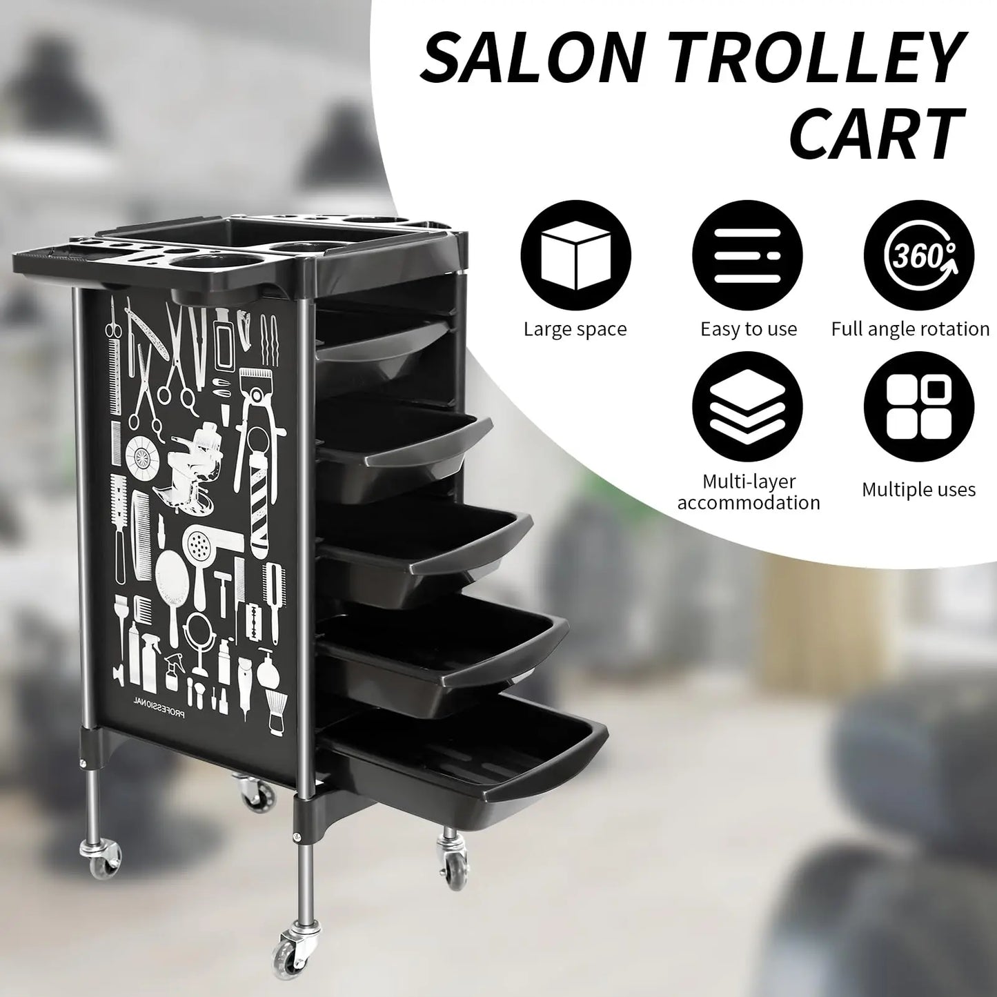 Barbershop Salon Rolling Cart Hairdressing Tool Storage Trolley 5 Drawers Large Moveable Station Trolley Barber Supplies