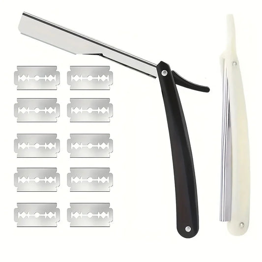 Professional Manual Shaver Straight Edge Stainless Steel Sharp Barber Razor Folding Shaving Beard Cutter with 10pcs Blades