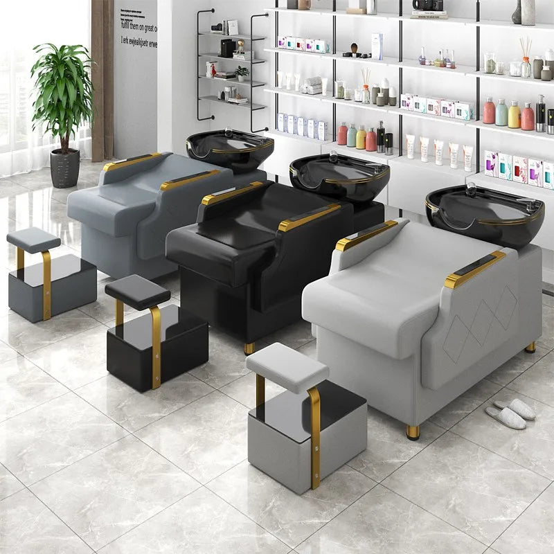 Luxury Black Shampoo Chair Reclining Gold Head Spa Hairwash Bed Styling Stations Lit Lavage De Cheveux Hair Salon Furniture