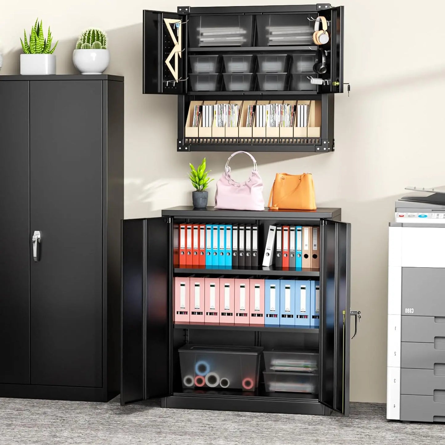 Metal Storage Cabinet with Doors and Shelves,Lockable Storage Cabinet for Office, 36” Black Metal Utility Cabinet Garage