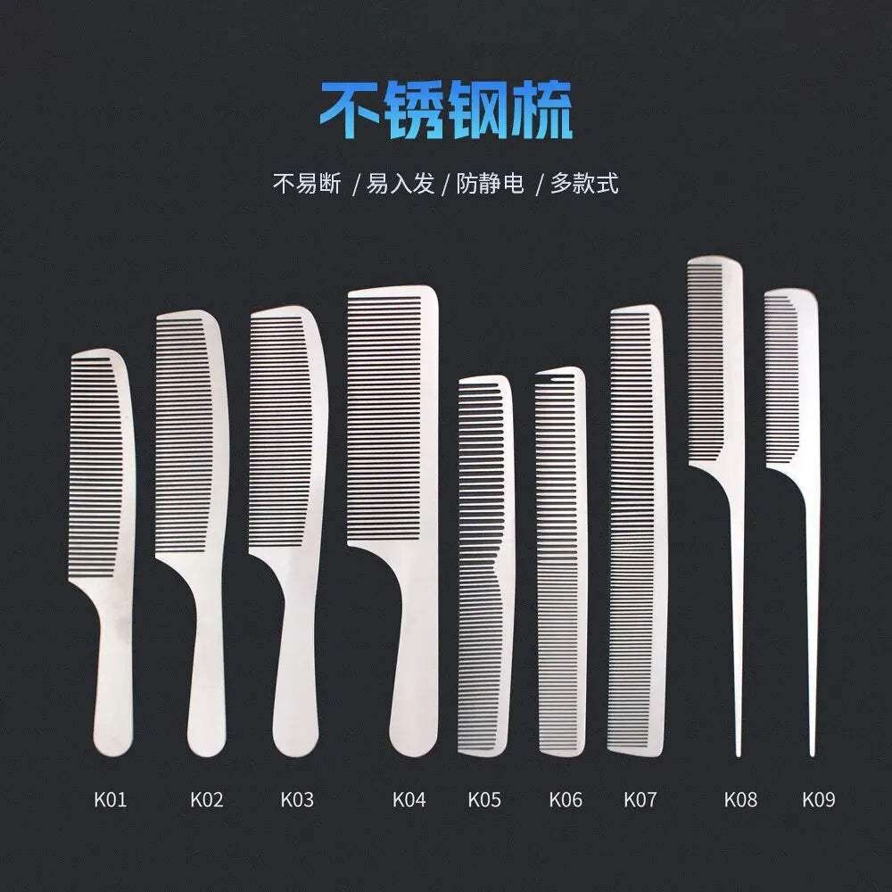 MJ Stainless Steel Cutting Metal Tail Combs Silver Fine Cutting Comb Set Hairdressing Steel Rat Tail Comb