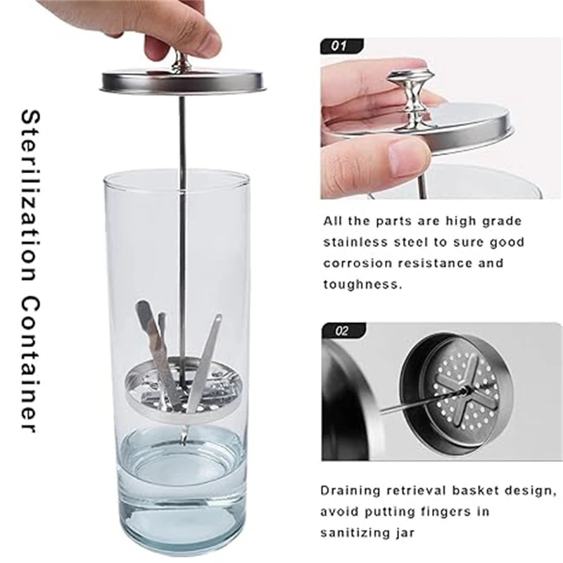 35 OZ Sterilizer Jar Barber Glass Cleaning Spa Eyelash Extensions Nail Tool Barbe Sanitizing Disinfection Removable Basket