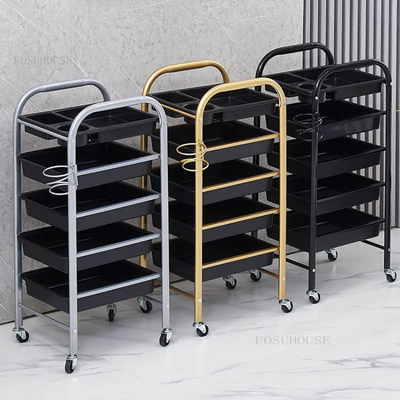 Durable Household Salon Trolley Hair Salon Commercial Furniture Trolley Retro Barber Shop Tool Cart Multi-layer Storage Shelf