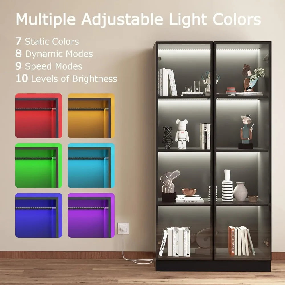 Display Cabinet with LED Lights, Glass Display Case Cabinet with 4-Tier Shelves, Curio Cabinet with 2 Glass Doors