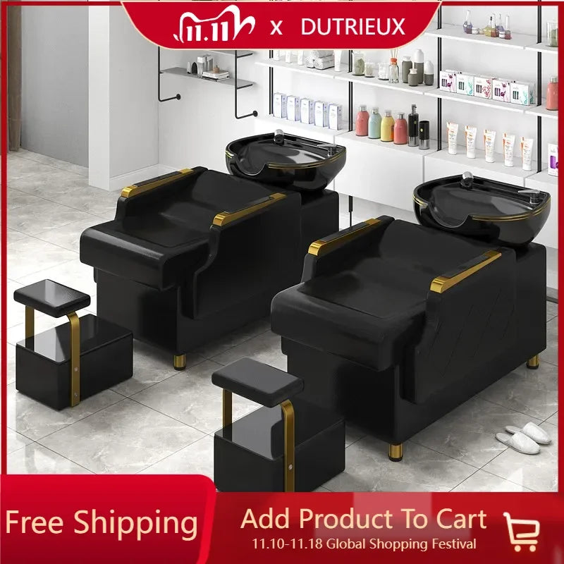 Luxury Black Shampoo Chair Reclining Gold Head Spa Hairwash Bed Styling Stations Lit Lavage De Cheveux Hair Salon Furniture