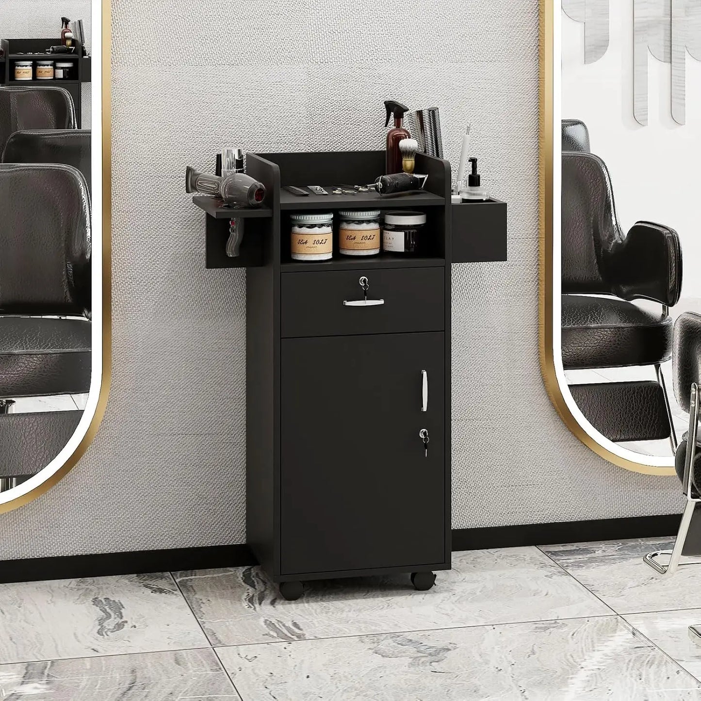 Station,Versatile Salon Stations for Hair Stylists with Locking Drawers and 3 Tool Holsters Spa Storage Trolley Cart for Home Sa