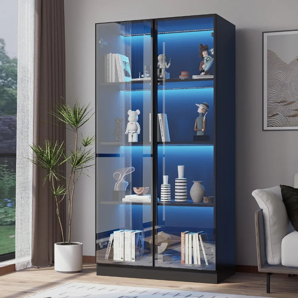 Display Cabinet with LED Lights, Glass Display Case Cabinet with 4-Tier Shelves, Curio Cabinet with 2 Glass Doors