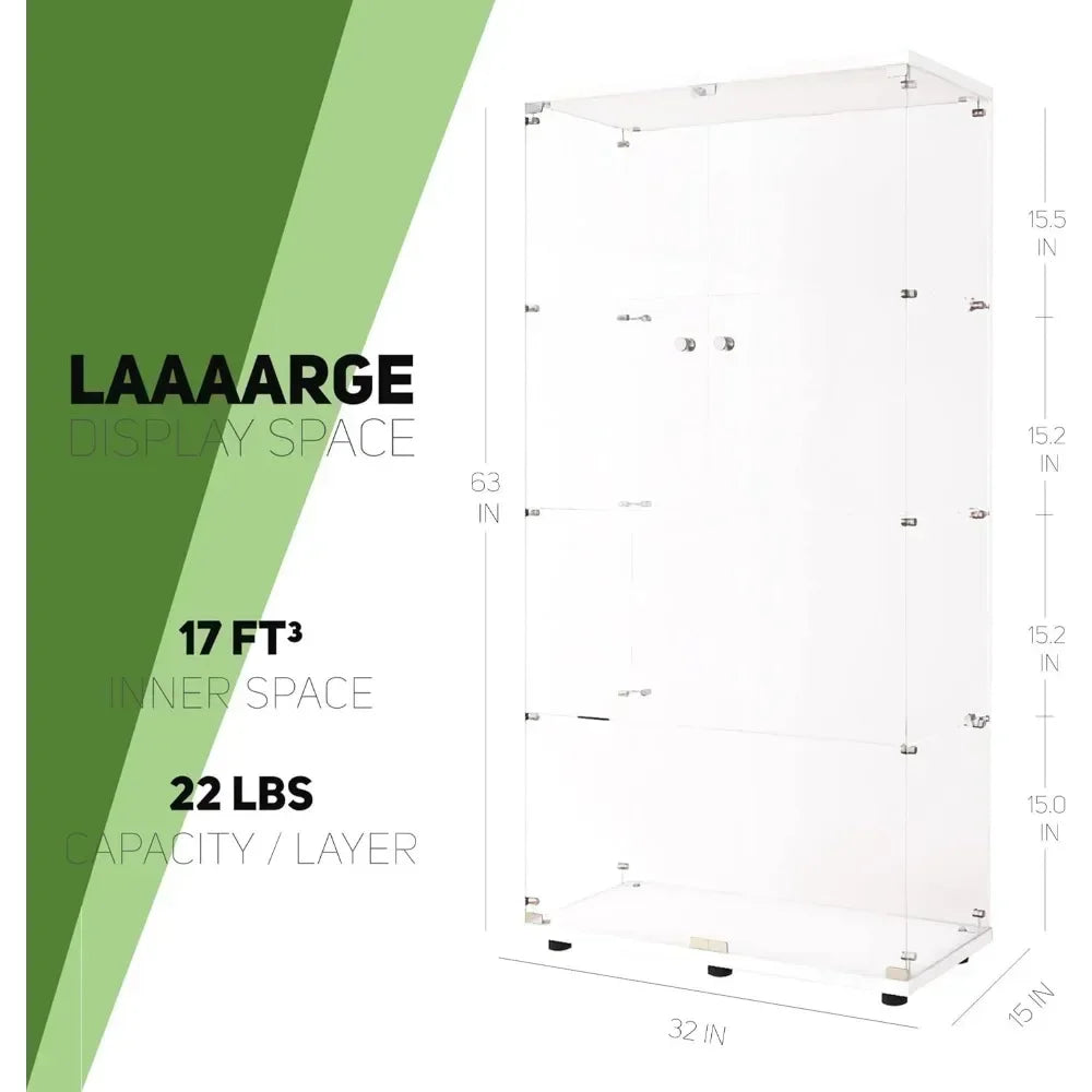 Glass Display Cabinet with 4 Shelves, 2 Doors Curio Cabinets for Living Room,White Floor Standing Glass Bookshelf, Glass Display