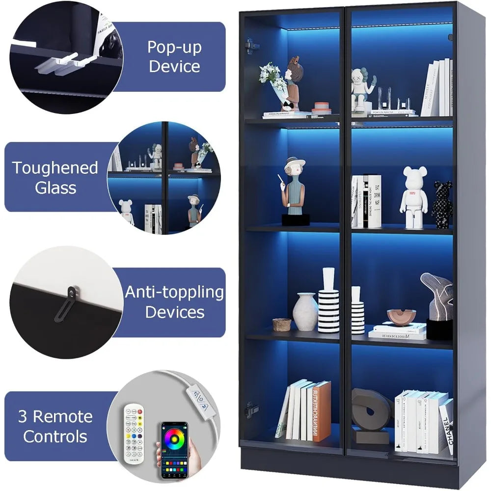 Display Cabinet with LED Lights, Glass Display Case Cabinet with 4-Tier Shelves, Curio Cabinet with 2 Glass Doors