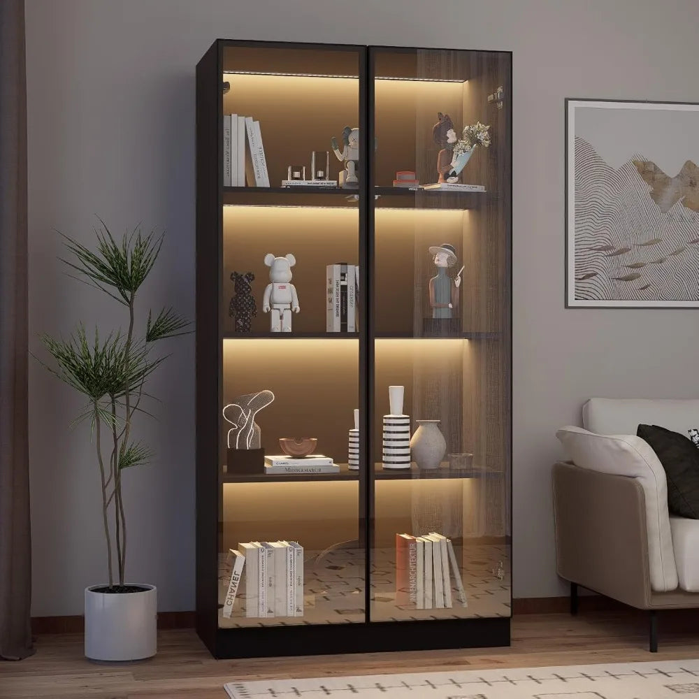 Display Cabinet with LED Lights, Glass Display Case Cabinet with 4-Tier Shelves, Curio Cabinet with 2 Glass Doors