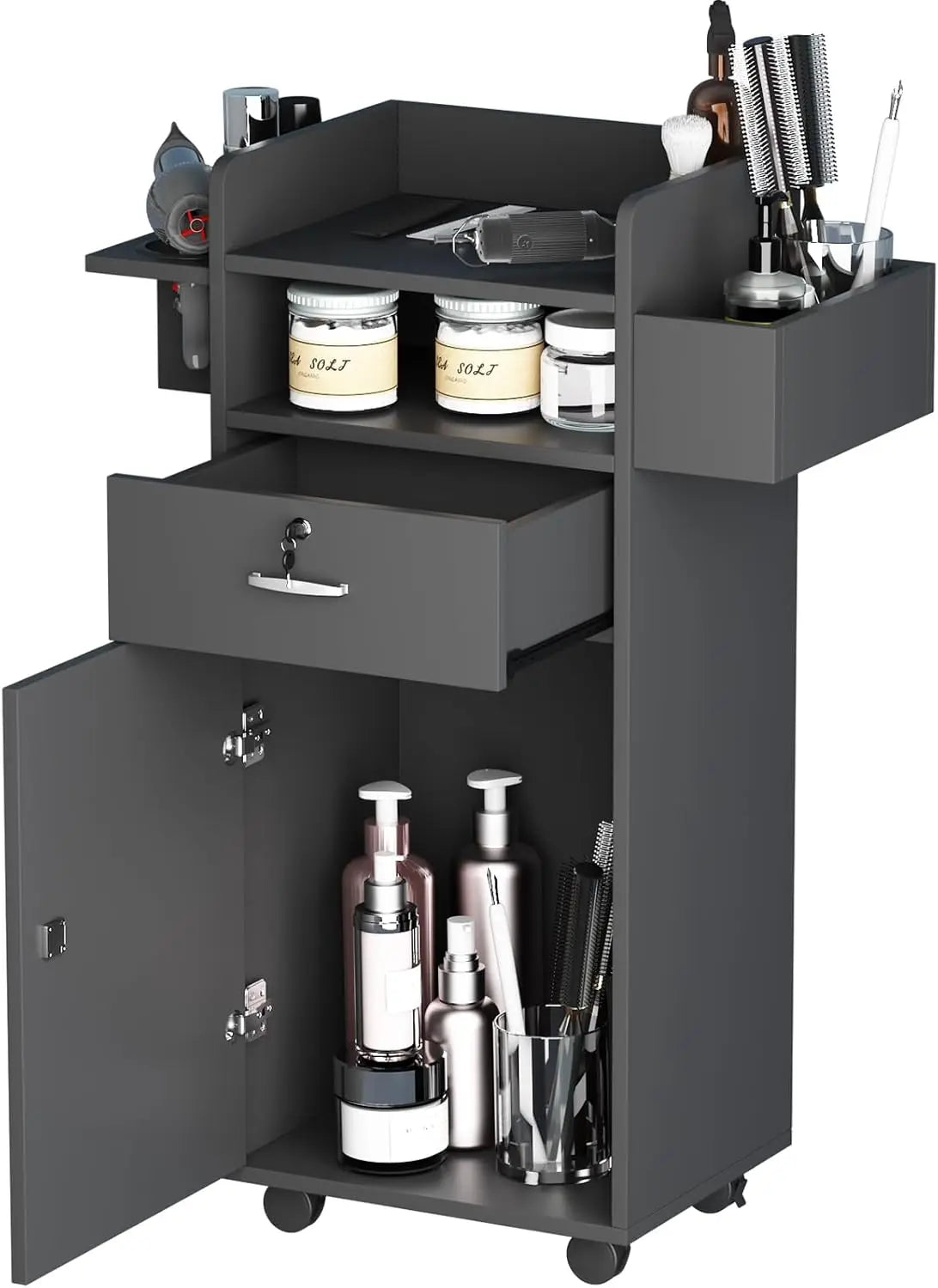 Station,Versatile Salon Stations for Hair Stylists with Locking Drawers and 3 Tool Holsters Spa Storage Trolley Cart for Home Sa