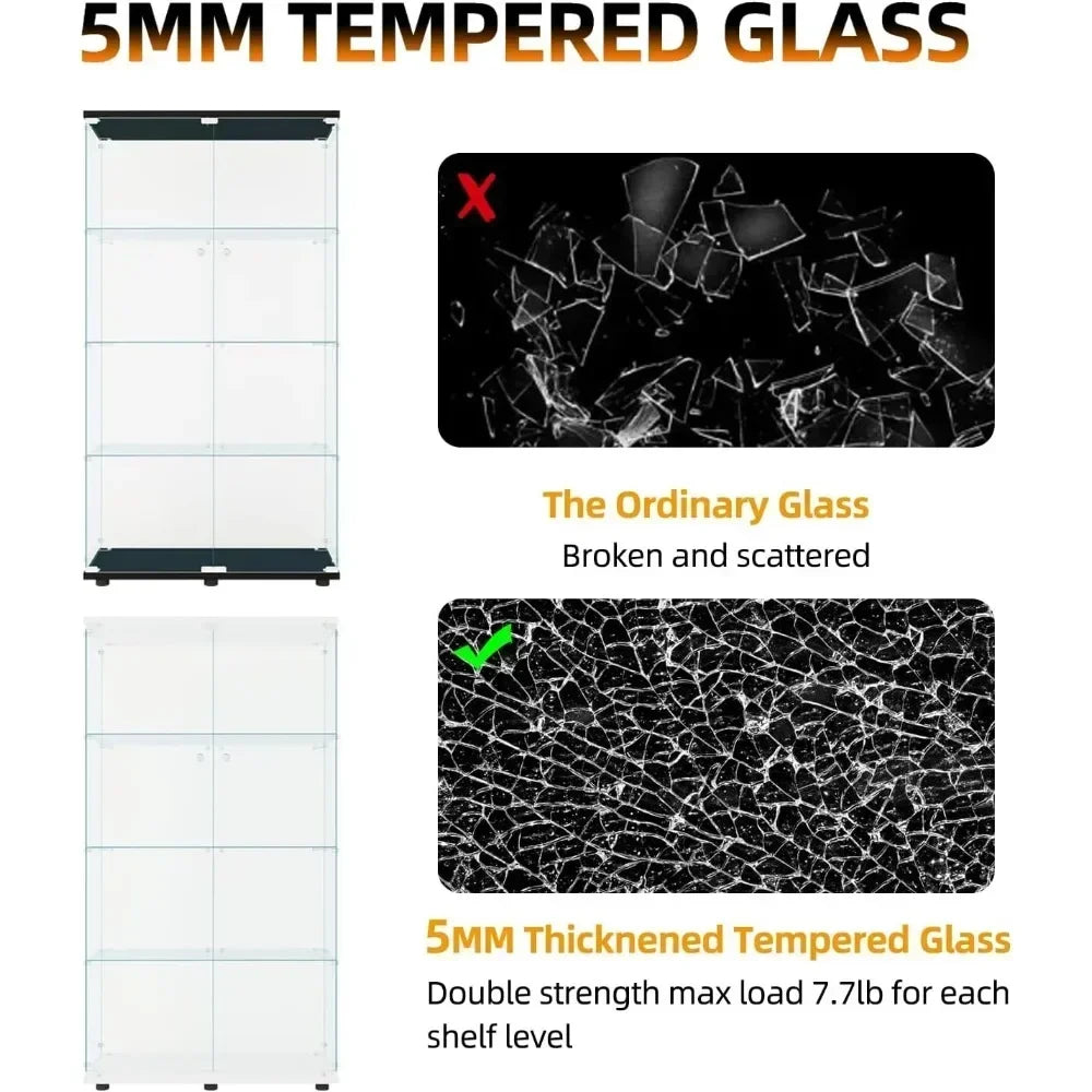 Glass Display Cabinet with 4 Shelves, 2 Doors Curio Cabinets for Living Room,White Floor Standing Glass Bookshelf, Glass Display