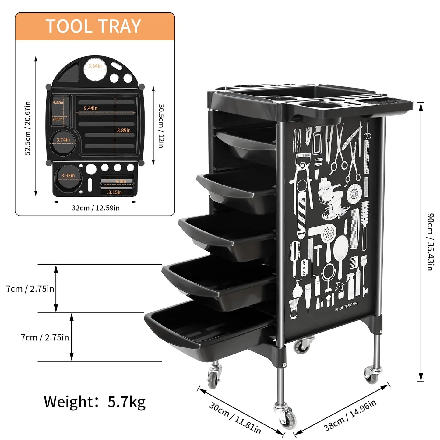 Barbershop Salon Rolling Cart Hairdressing Tool Storage Trolley 5 Drawers Large Moveable Station Trolley Barber Supplies