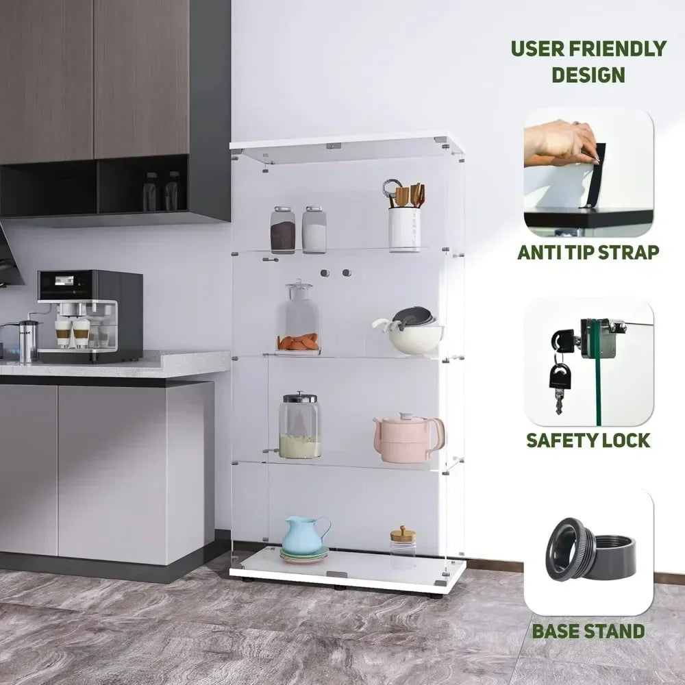 Glass Display Cabinet with 4 Shelves, 2 Doors Curio Cabinets for Living Room,White Floor Standing Glass Bookshelf, Glass Display