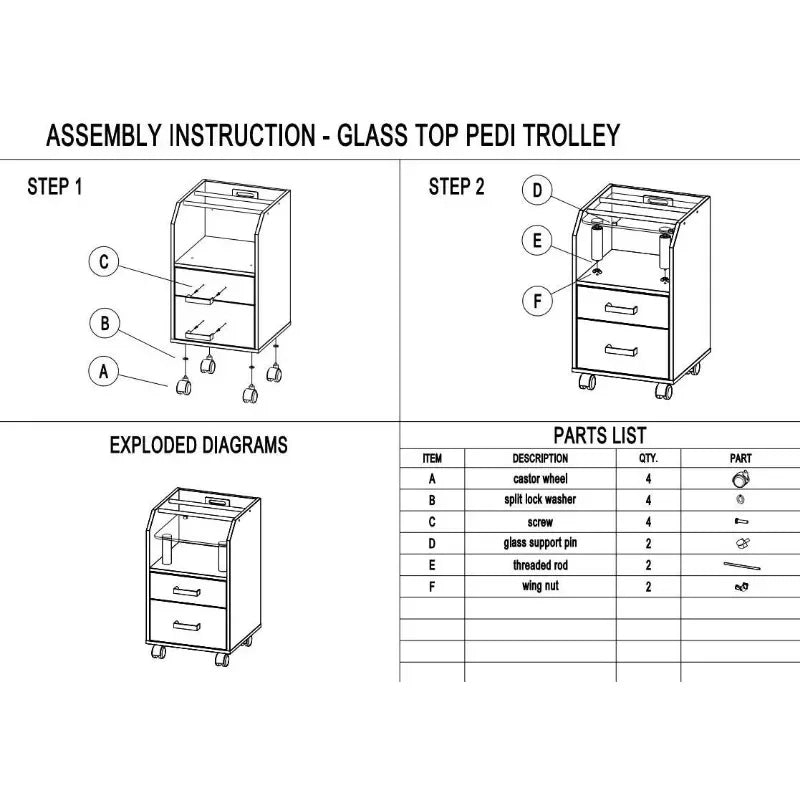 Glass Glow Pedicure Trolley Cart for Nail Salon Furniture & Equipment, 15"D x 14.5"W x 25"H, White