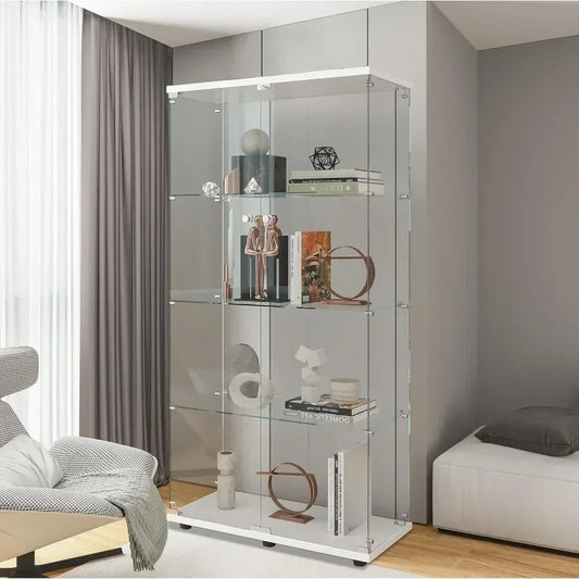 Glass Display Cabinet with 4 Shelves, 2 Doors Curio Cabinets for Living Room,White Floor Standing Glass Bookshelf, Glass Display
