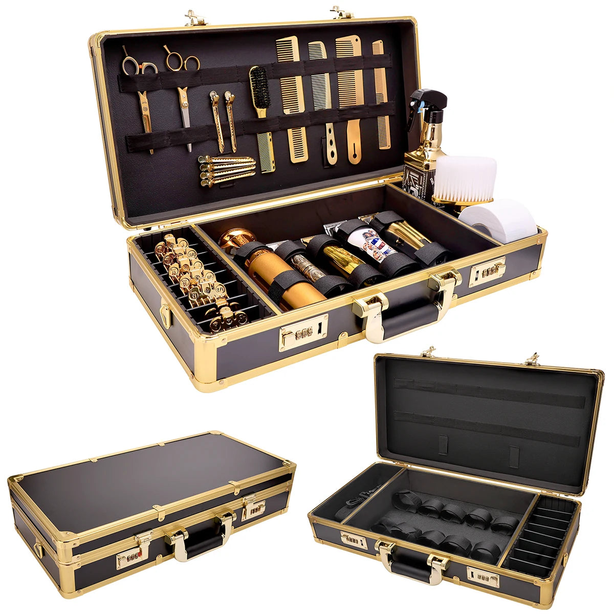 Golden Aluminum Suitcase Barbershop Haircut Tools Box Portable High-capacity Clip Outdoor Storage Case Hairdresser Makeup Tool